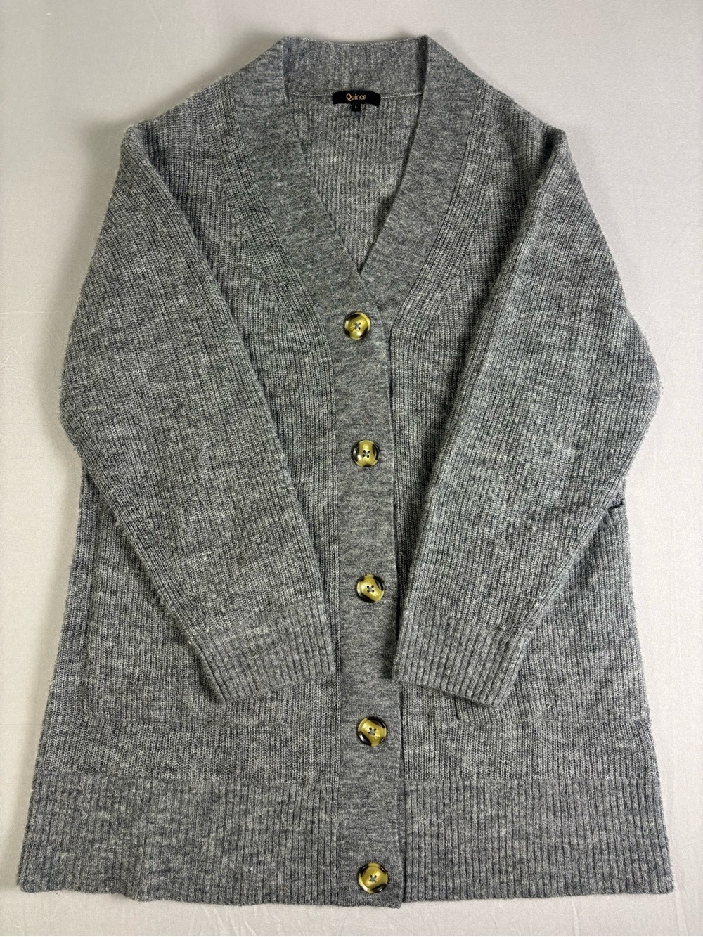 Quince Alpaca and Wool Gray Ribbed V-Neck Button Cardigan with Buttons Large - Picture 3 of 12